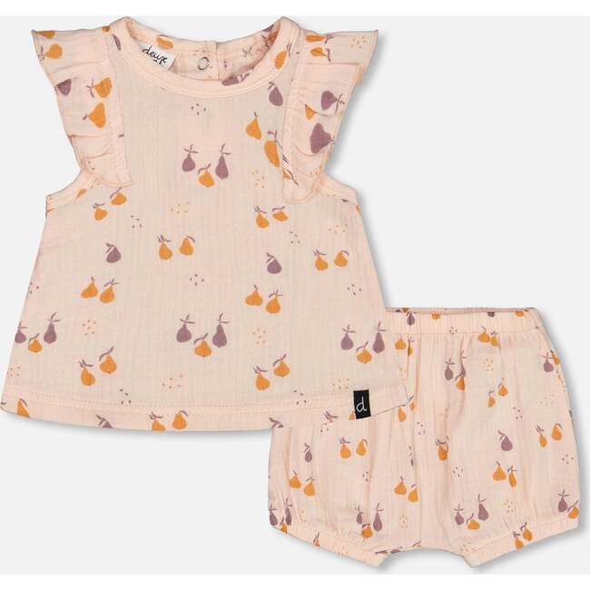 Muslin Top And Bloomer Set, Peach With Pears Print