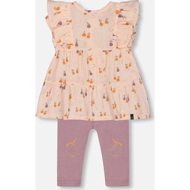 Muslin Tunic And Organic Cotton Legging Set, Peach With Pears Print