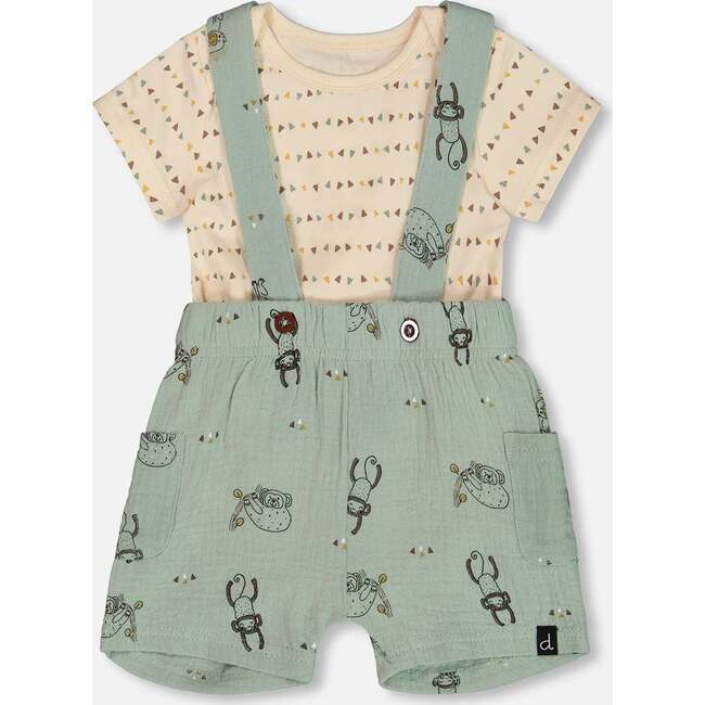 Muslin Shortall And Organic Cotton Onesie Set, Sage Monkey And Off-White