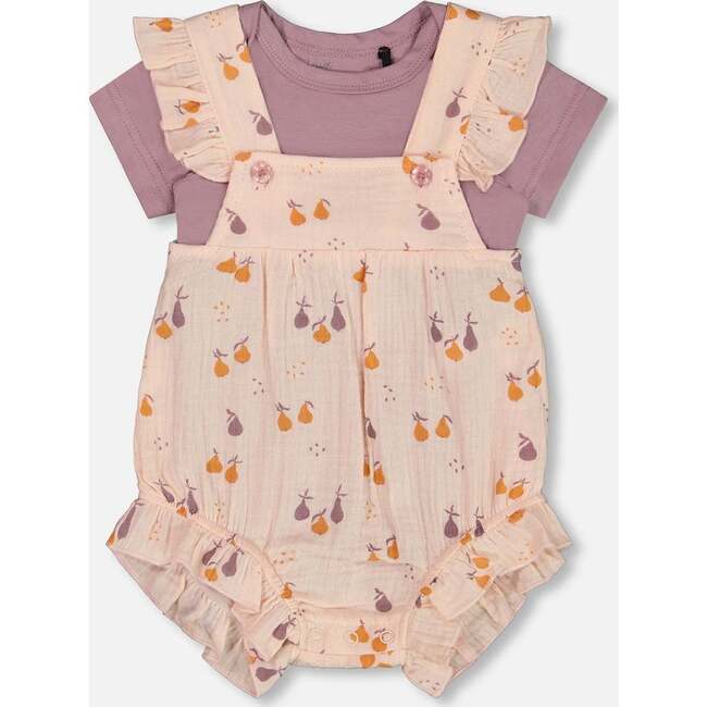 Muslin Shortall And Organic Cotton Onesie Set, Peach With Pears Print