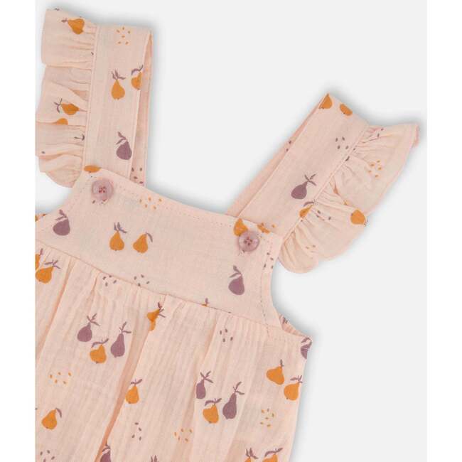 Muslin Shortall And Organic Cotton Onesie Set, Peach With Pears Print - Mixed Apparel Set - 4