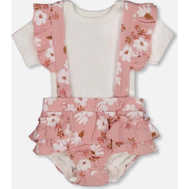 Muslin Short And Organic Cotton Bodysuit Set, Pink And White Flowers