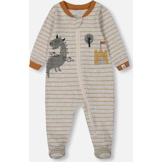 Organic Cotton One-Piece Pajama, Dinosaur On Mottled And Tan Background