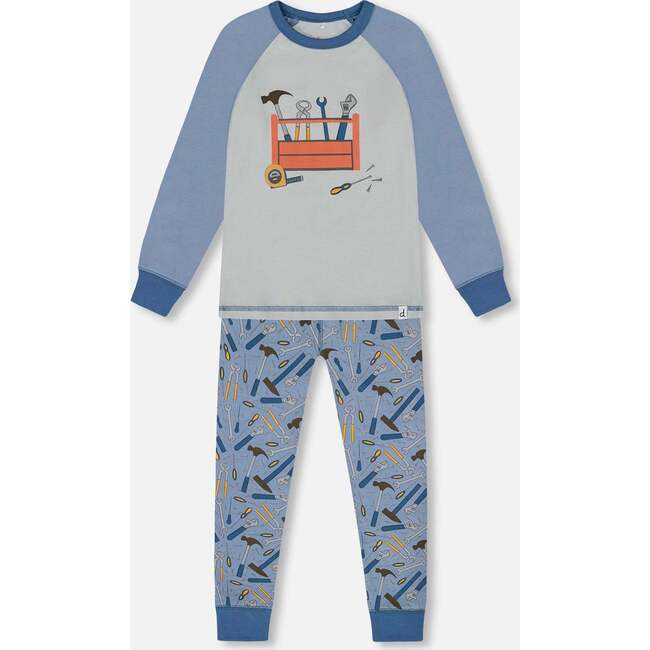 Organic Cotton Long Sleeve Top And Pants Two-Piece Pajama Set, Tools On Bluish Gray Background