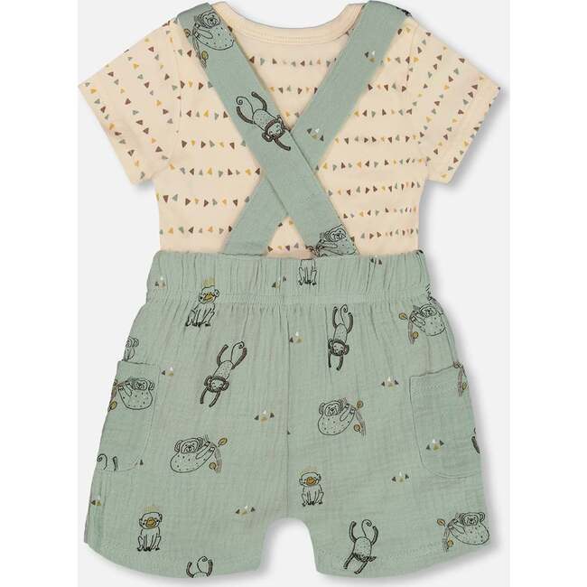 Muslin Shortall And Organic Cotton Onesie Set, Sage Monkey And Off-White - Mixed Apparel Set - 4