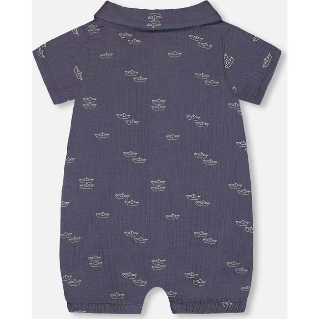 Muslin Romper, Navy Blue Paper Boat - Rompers - 2