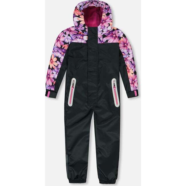 Mid-Season One-Piece Outerwear, Black With Pink And Orange Flowers