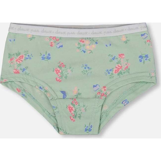 Organic Cotton Boyshort Panty, Small Pink And Blue Flowers On Light Sage