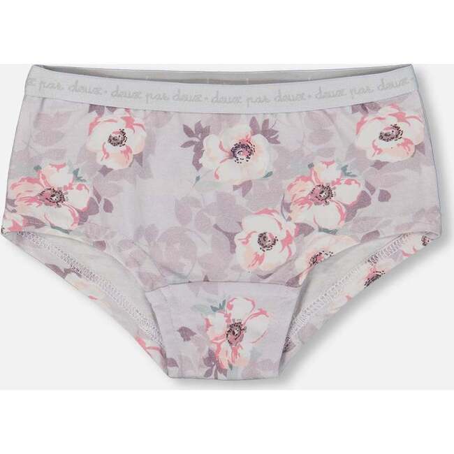 Organic Cotton Boyshort Panty, Pale Pink Flowers On Neutral Lilac