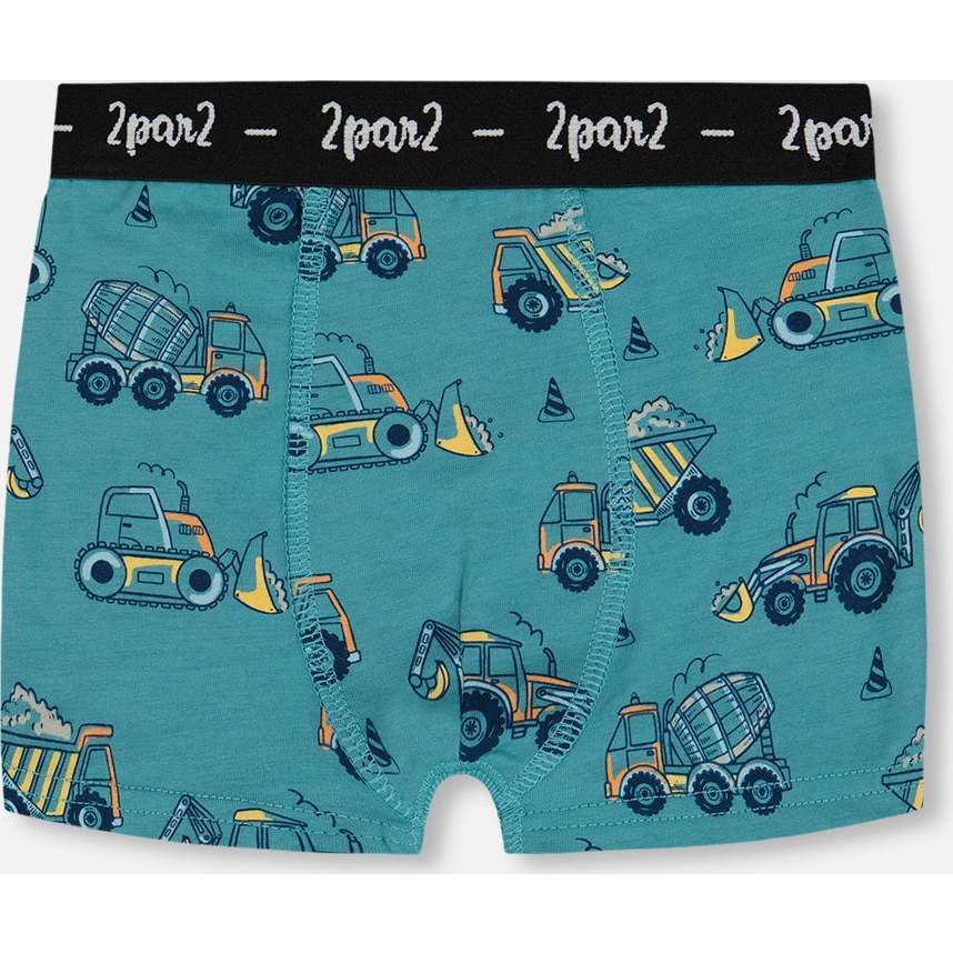 Organic Cotton Boxer Shorts, Teal With Yellow Truck - Underwear - 1
