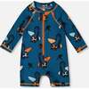 Long Sleeve One-Piece Rashguard, Orange Sloths On Navy Blue - One Pieces - 1 - thumbnail