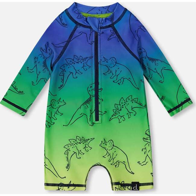 Long Sleeve One-Piece Rashguard, Vibrant Blue And Green Dino - One Pieces - 1