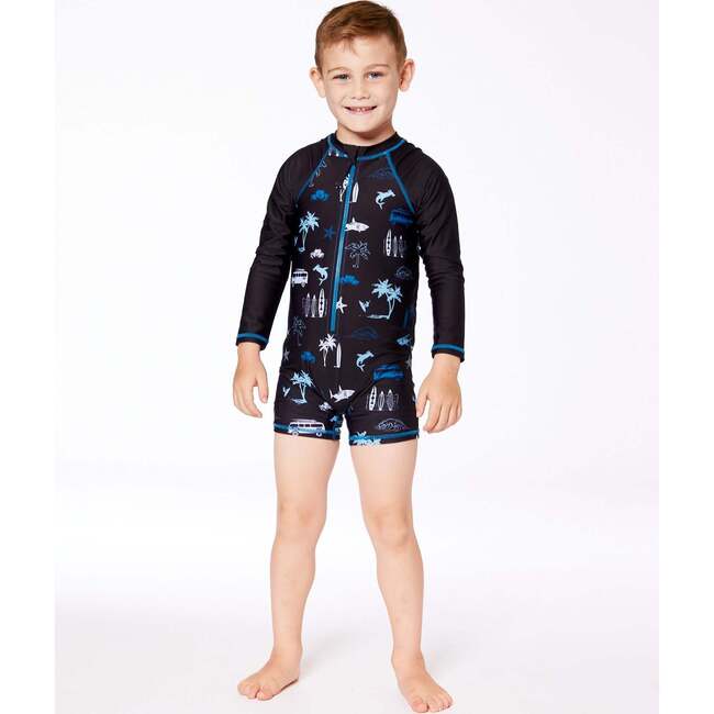 Long Sleeve Rashguard, Light Blue Beach On Black - One Pieces - 2