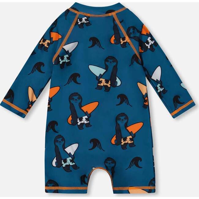 Long Sleeve One-Piece Rashguard, Orange Sloths On Navy Blue - One Pieces - 4