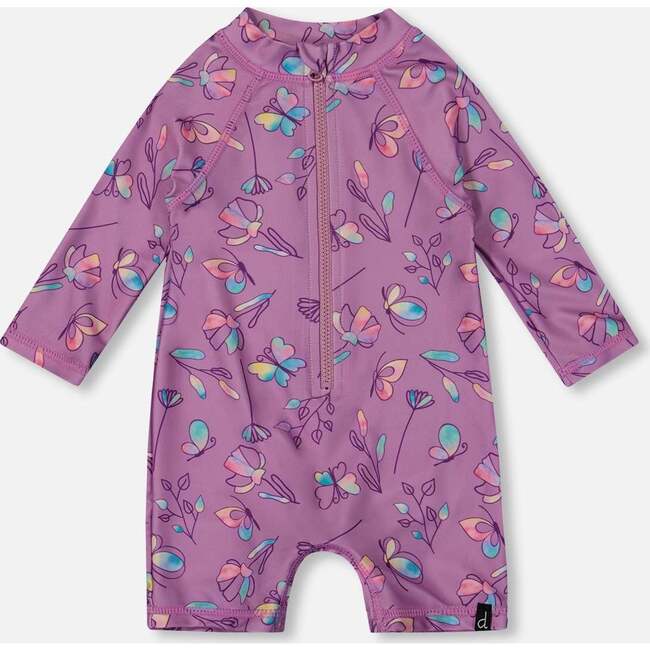 Long Sleeve One-Piece Rashguard, Old Mauve And Multicolored Butterflies