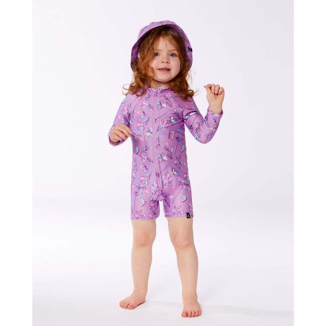 Long Sleeve One-Piece Rashguard, Old Mauve And Multicolored Butterflies - One Pieces - 2