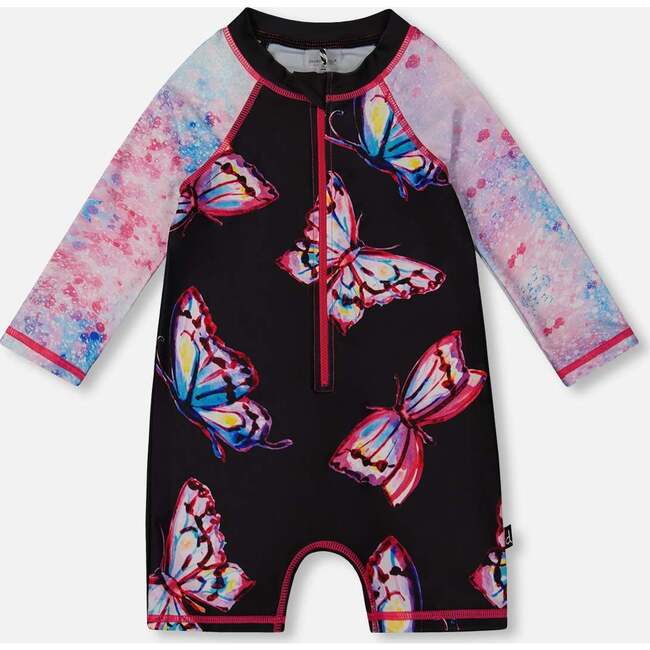 Long Sleeve One-Piece Rashguard, Black And Multicolored Butterflies