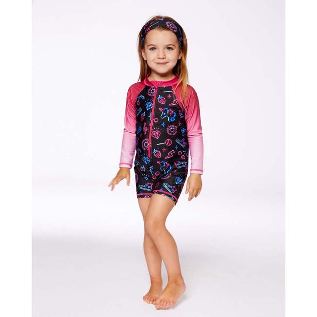 Long Sleeve One-Piece Rashguard, Black And Blue And Pink Items - One Pieces - 2