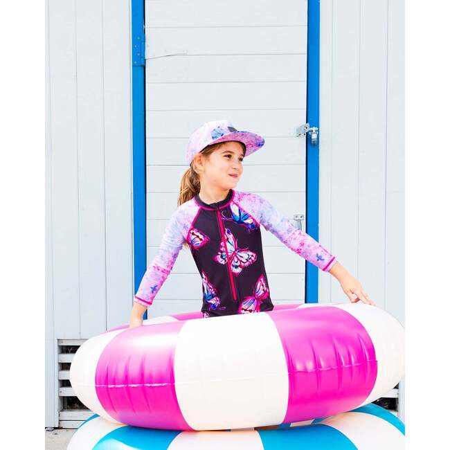 Long Sleeve One-Piece Rashguard, Black And Multicolored Butterflies
