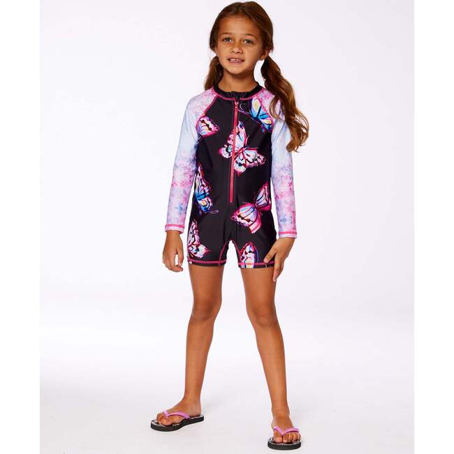 Long Sleeve One-Piece Rashguard, Black And Multicolored Butterflies - One Pieces - 3