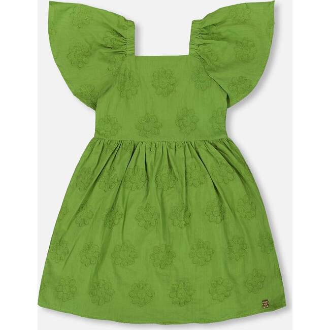 Frill Sleeve Dress With Embroidery, Green