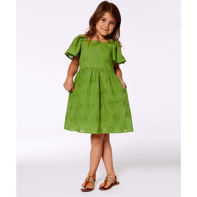 Frill Sleeve Dress With Embroidery, Green - Dresses - 2