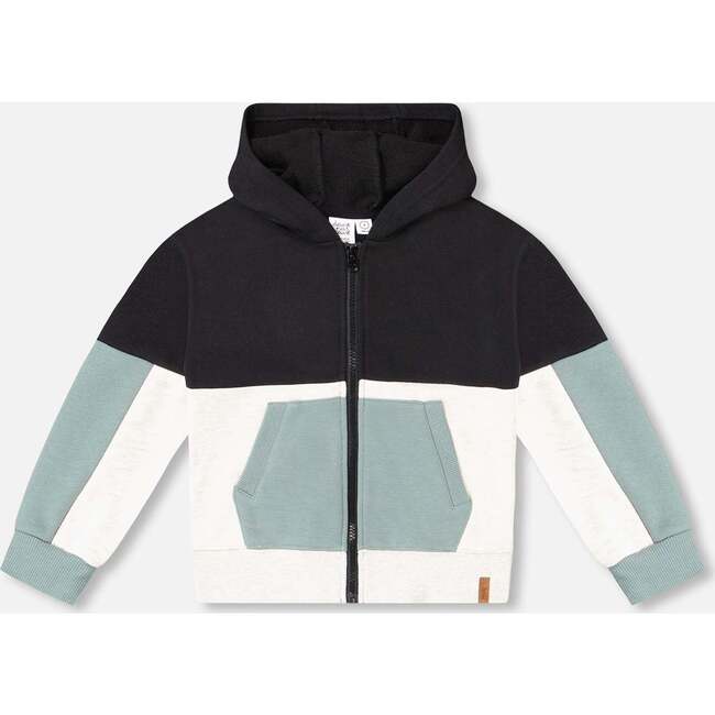 French Terry Color Block Full Zip Hoodie Cardigan Sweatshirt, Black, Teal And Shimmer