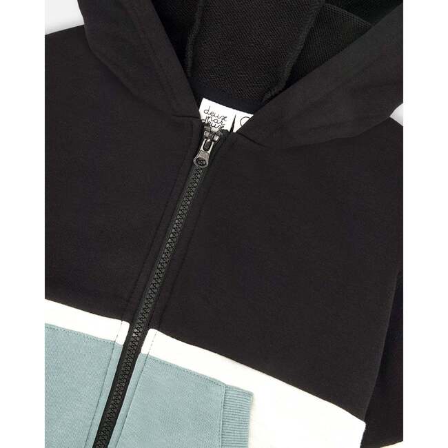 French Terry Color Block Full Zip Hoodie Cardigan Sweatshirt, Black, Teal And Shimmer - Sweatshirts - 4