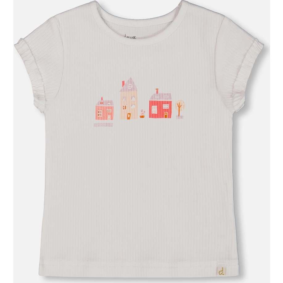 Flat Back Rib Top, White And Pink House - T-Shirts - 1