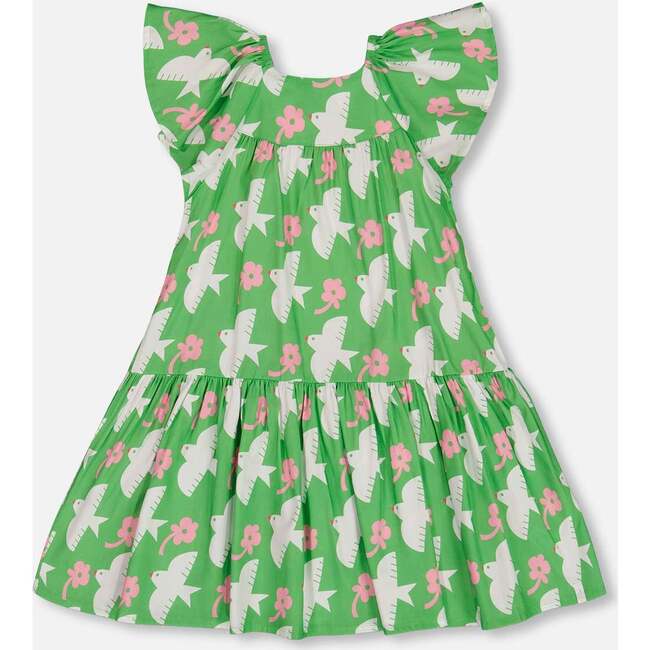 Dress With Flounce Sleeves, Green With White And Pink Bird