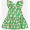 Dress With Flounce Sleeves, Green With White And Pink Bird - Dresses - 1 - thumbnail