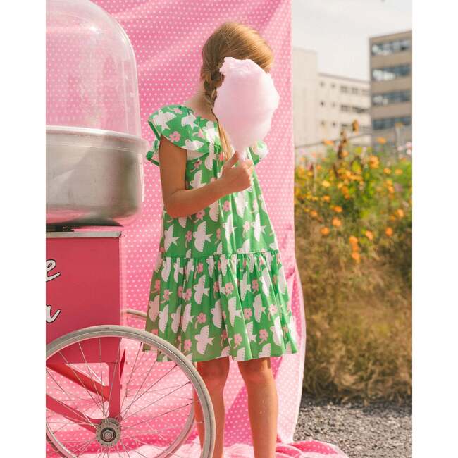 Dress With Flounce Sleeves, Green With White And Pink Bird - Dresses - 2