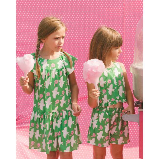 Dress With Flounce Sleeves, Green With White And Pink Bird - Dresses - 3