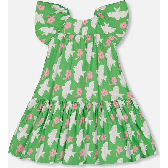 Dress With Flounce Sleeves, Green With White And Pink Bird - Dresses - 5