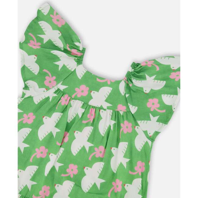 Dress With Flounce Sleeves, Green With White And Pink Bird - Dresses - 6