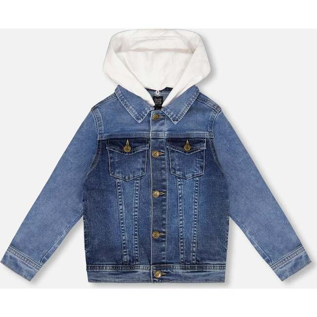 Denim Jacket With French Terry Hood, White And Denim Blue