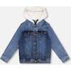 Denim Jacket With French Terry Hood, White And Denim Blue - Jackets - 1 - thumbnail