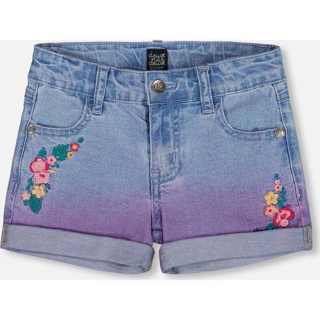 Cuffed Denim Shorts With Embroidery, Floral Jeans Blue