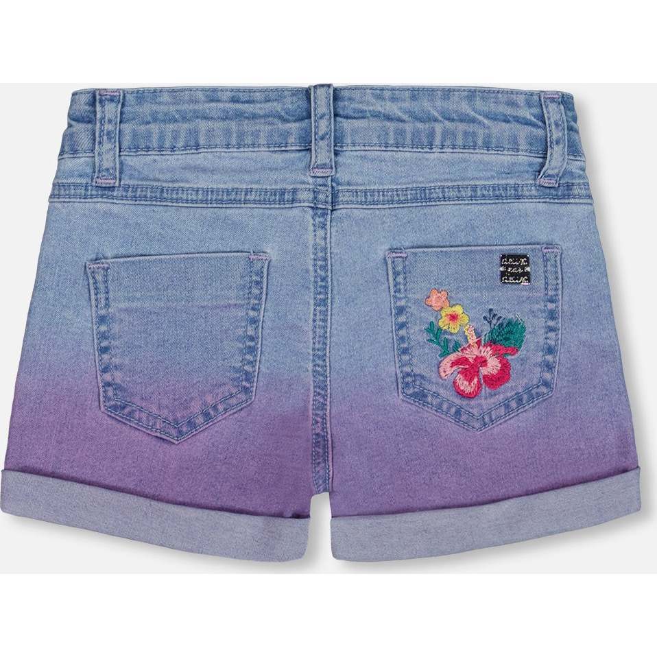 Cuffed Denim Shorts With Embroidery, Floral Jeans Blue