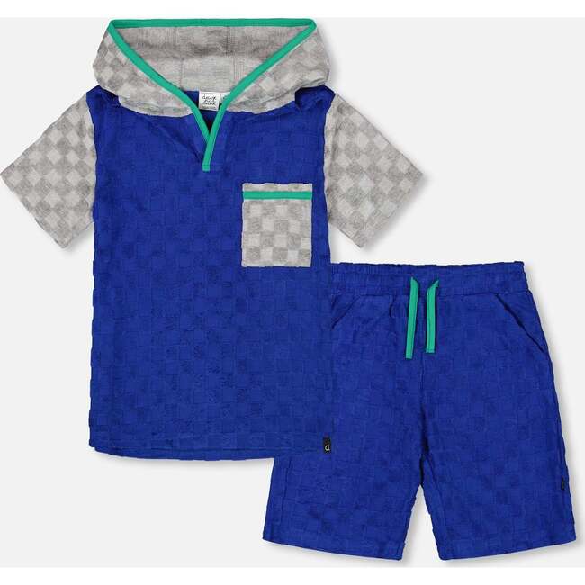 Hooded Terry Top And Shorts Set, Blue And Gray