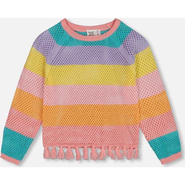 Cotton Sweater With Fringe, Multicolored Stripes