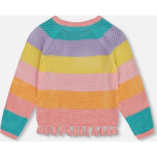 Cotton Sweater With Fringe, Multicolored Stripes - Sweaters - 4