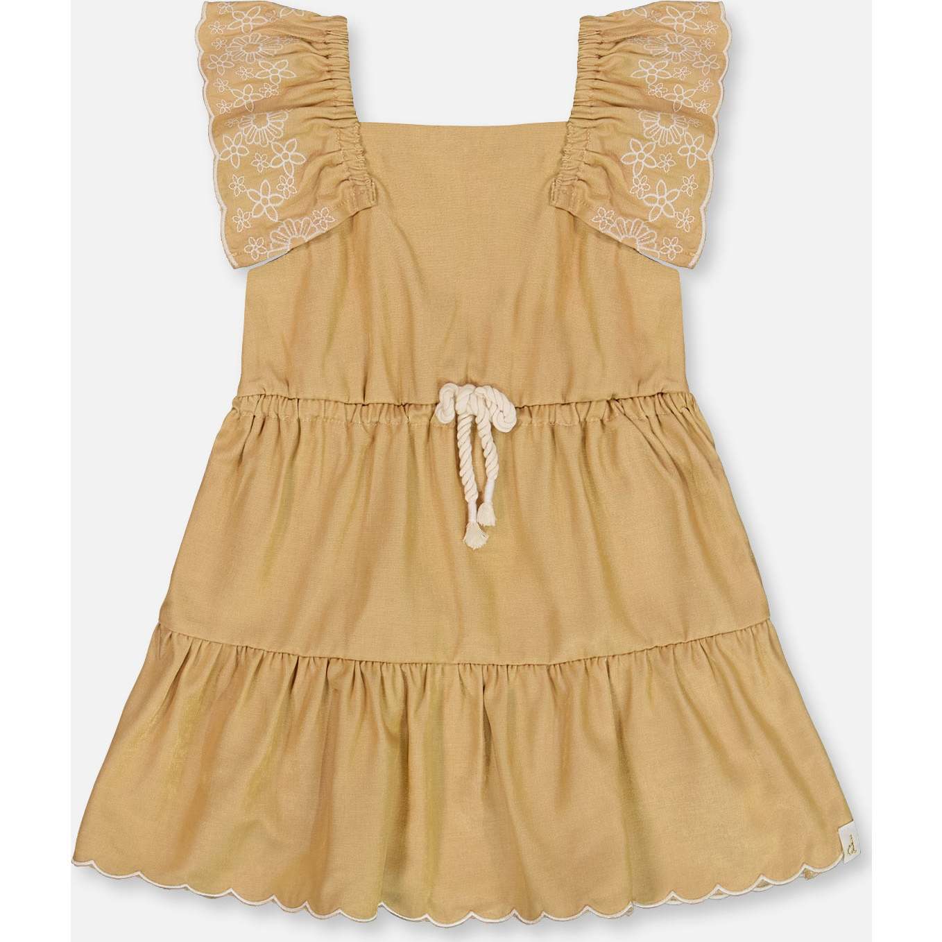 Chambray Dress With Embroidery, Golden Beige - Dresses - 1