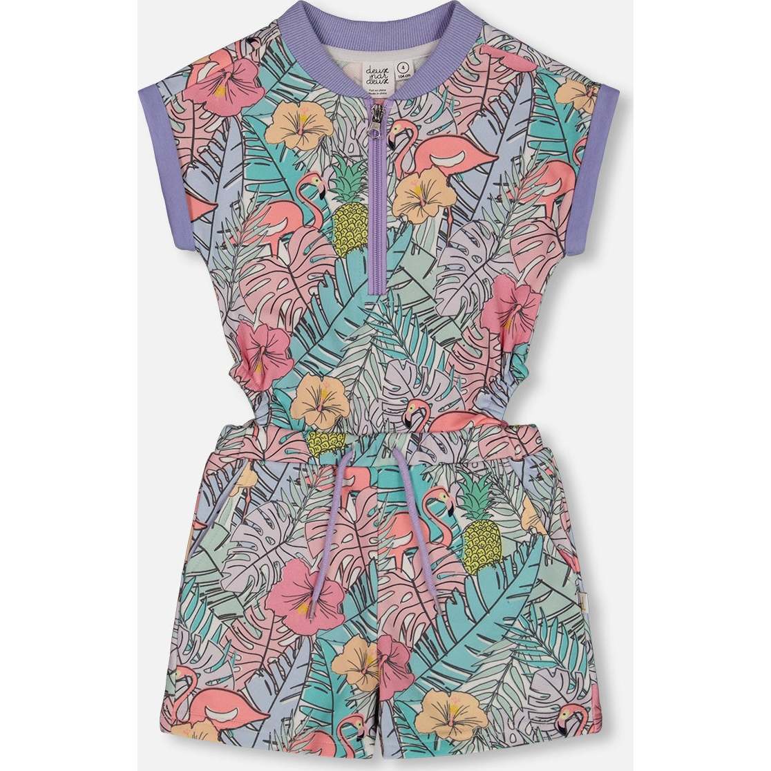 French Terry Romper, Lilac Tropical And Pink Flamingos - Rompers - 1