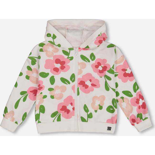 French Terry Hoodie Cardigan, Pink Flowers On White Background