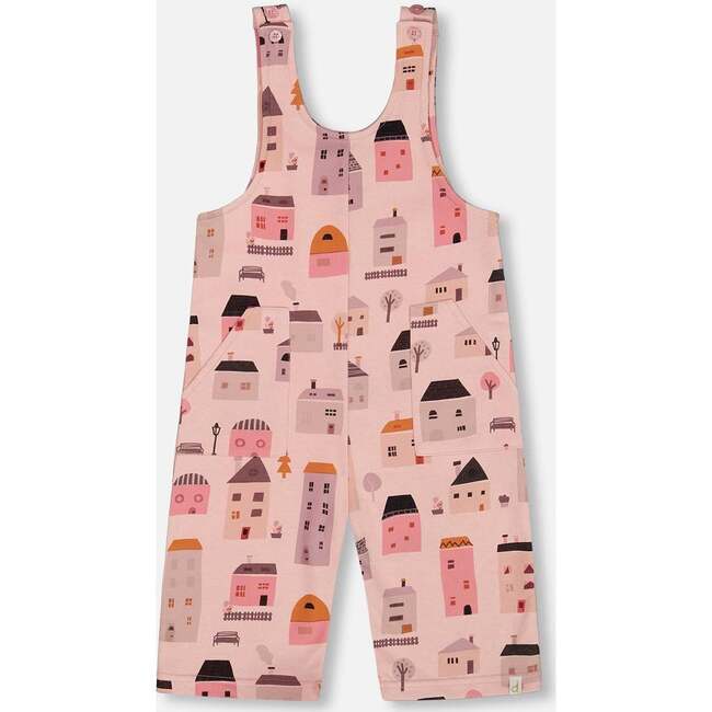 French Terry Overalls, Pink And Coral Houses