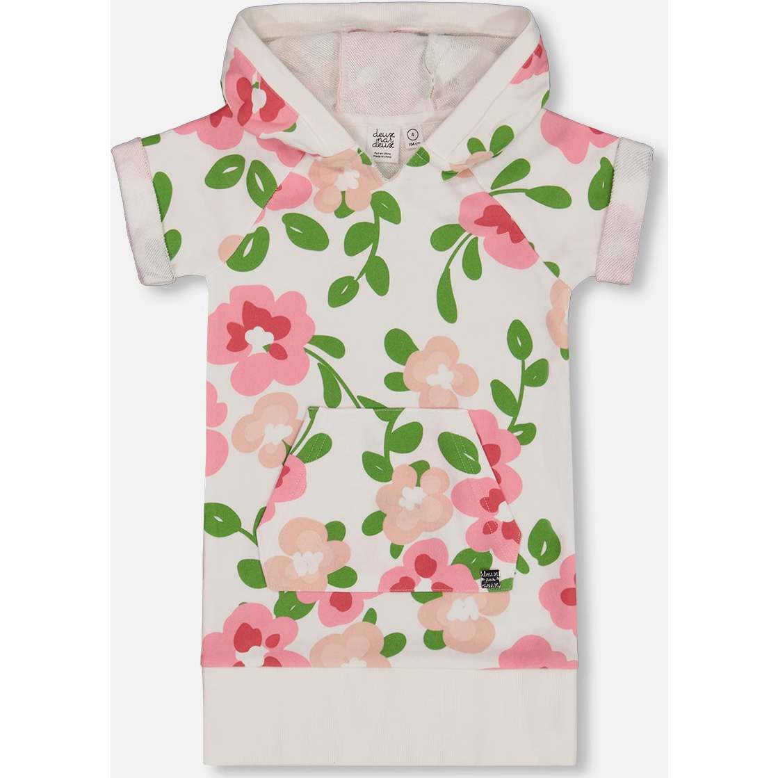 French Terry Hooded Dress, Pink Flowers On White Background - Dresses - 1
