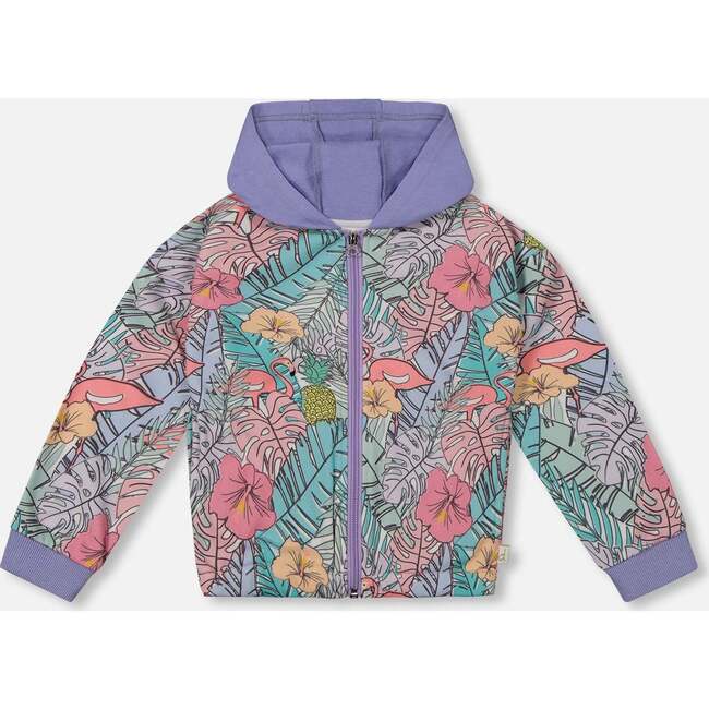 French Terry Hoodie Cardigan, Lilac Tropical And Pink Flamingos