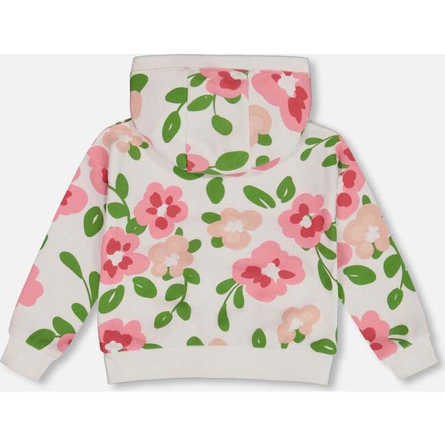 French Terry Hoodie Cardigan, Pink Flowers On White Background - Sweatshirts - 4