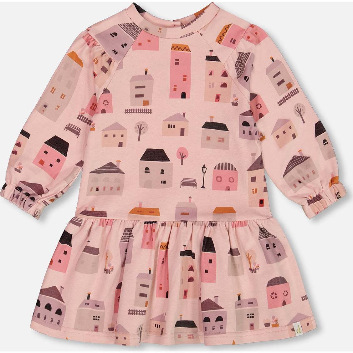 French Terry Dress, Pink And Coral Houses - Dresses - 1